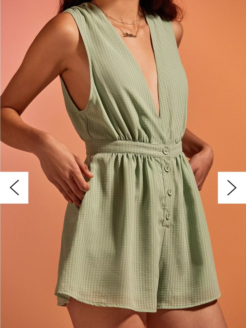 Urban Outfitters Green Plaid Chiffon Plunging Button-Down Romper Medium